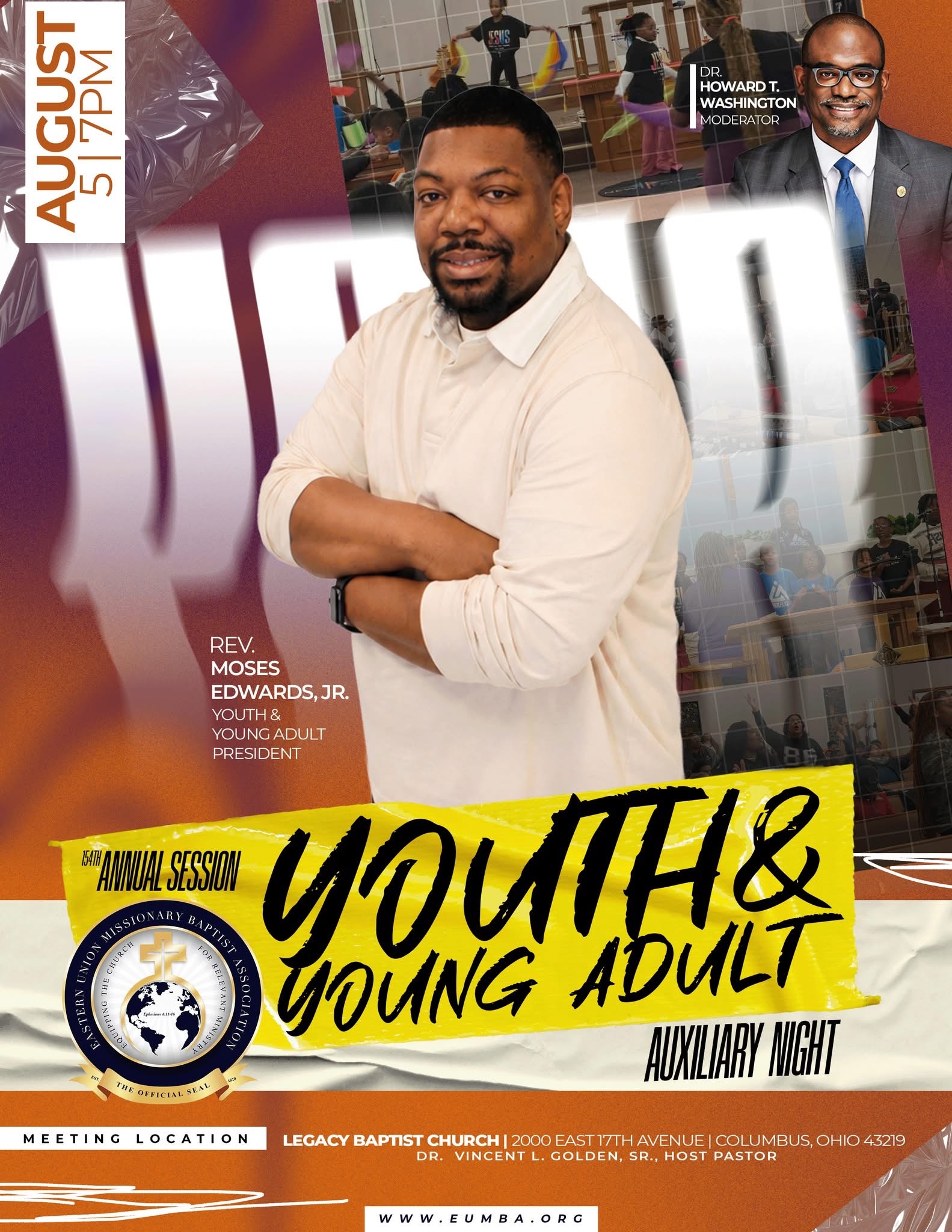 Youth and Young Adult Auxiliary Night flyer featuring Rev. Moses Edwards Jr.